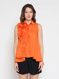 Ruffle Flower Applique Asymmetrical Hem Shirt