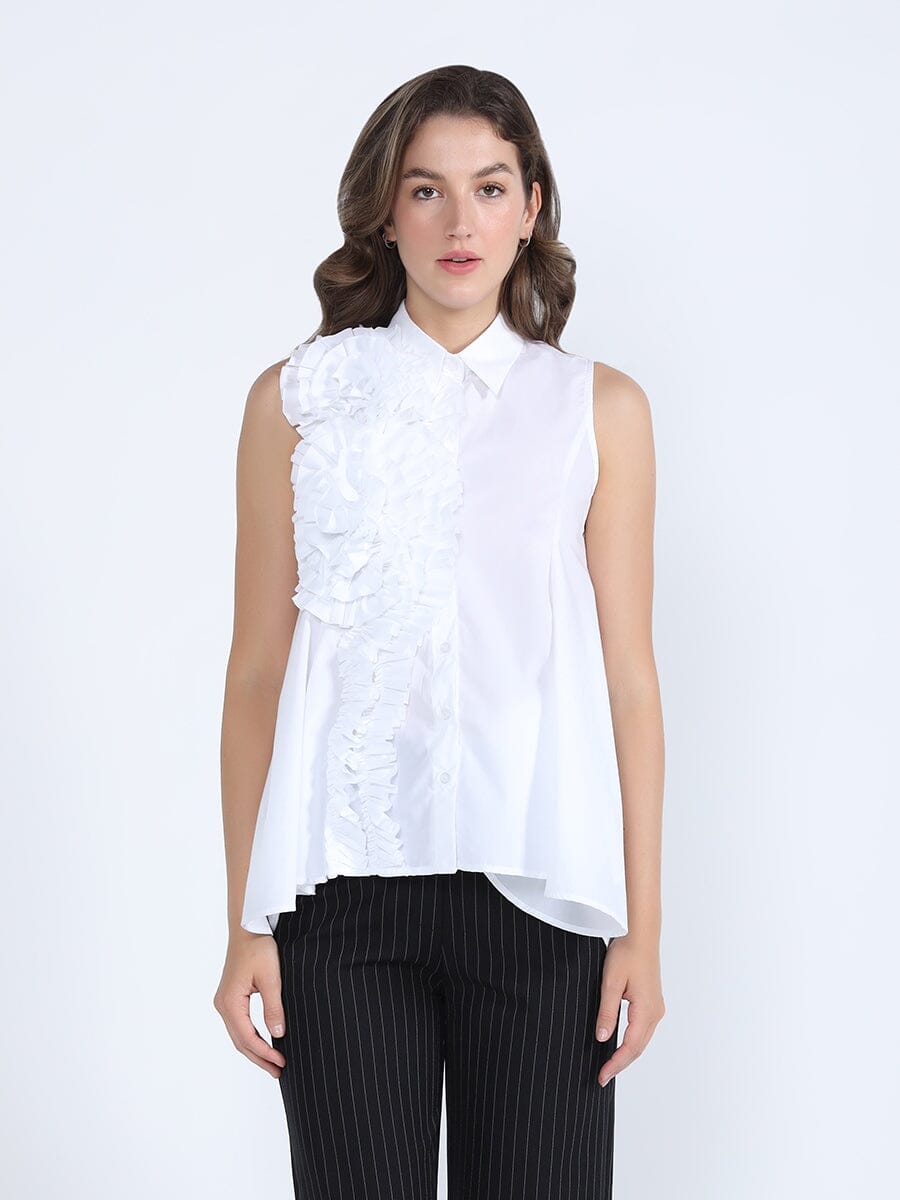 Ruffle Flower Applique Asymmetrical Hem Shirt