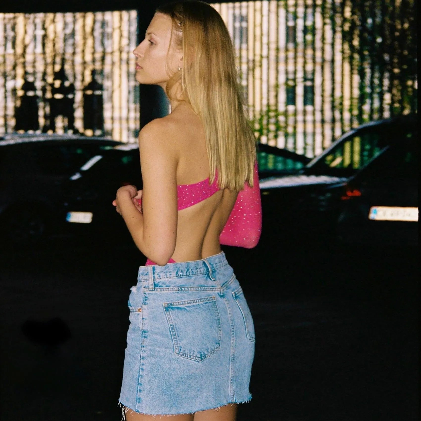 Secrets Out Hot Pink Rhinestone Embellished Bodysuit