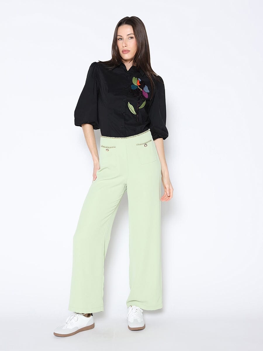Sequin Embroidery Flower Detail Puff Sleeve Shirt