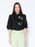Sequin Embroidery Flower Detail Puff Sleeve Shirt