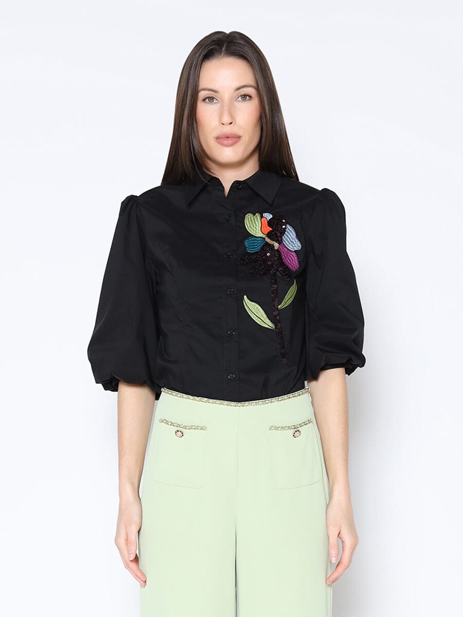 Sequin Embroidery Flower Detail Puff Sleeve Shirt