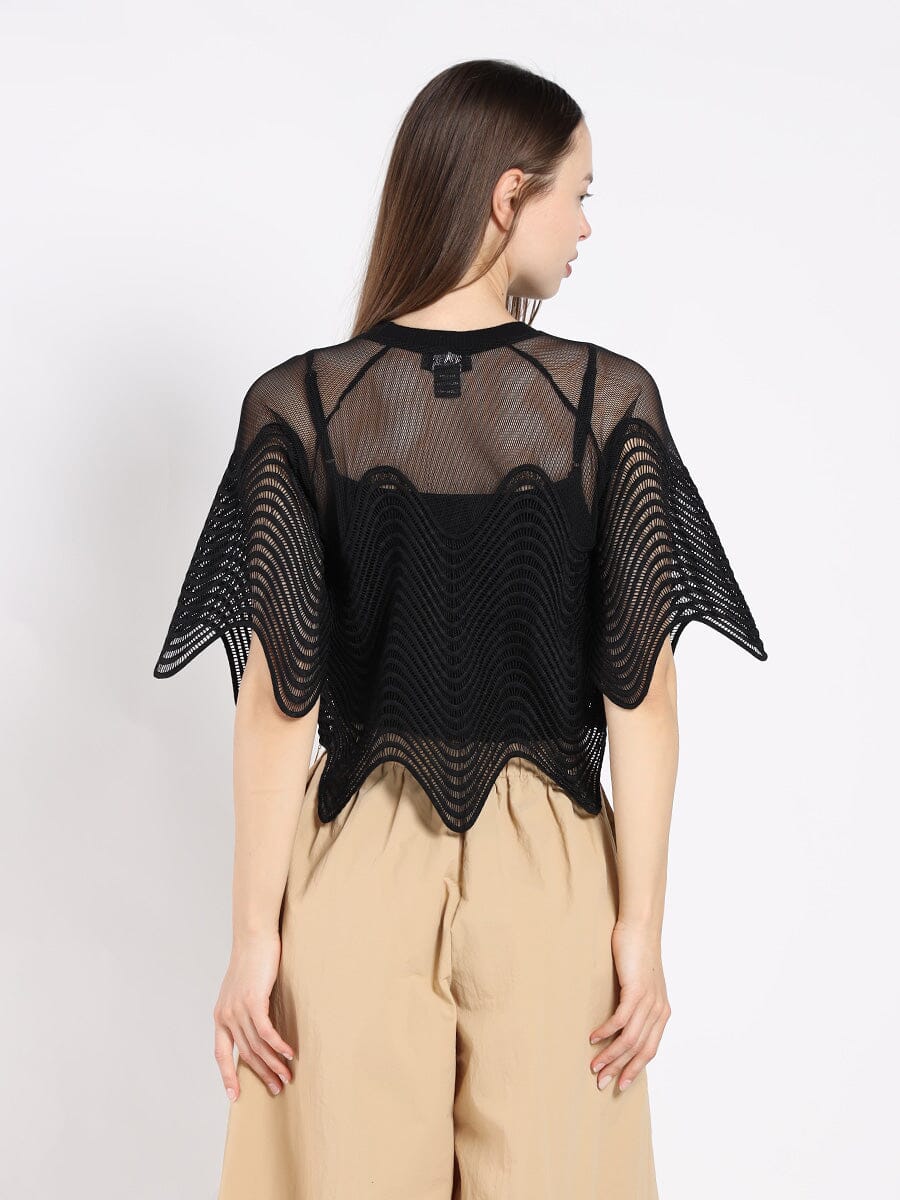 Sheer Crew Neck Mesh Crop Top with Side Zipper