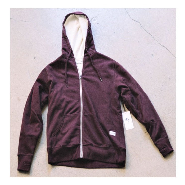 Mammoth Zip Sherpa Hoodie (Wine Red with Cream interior).