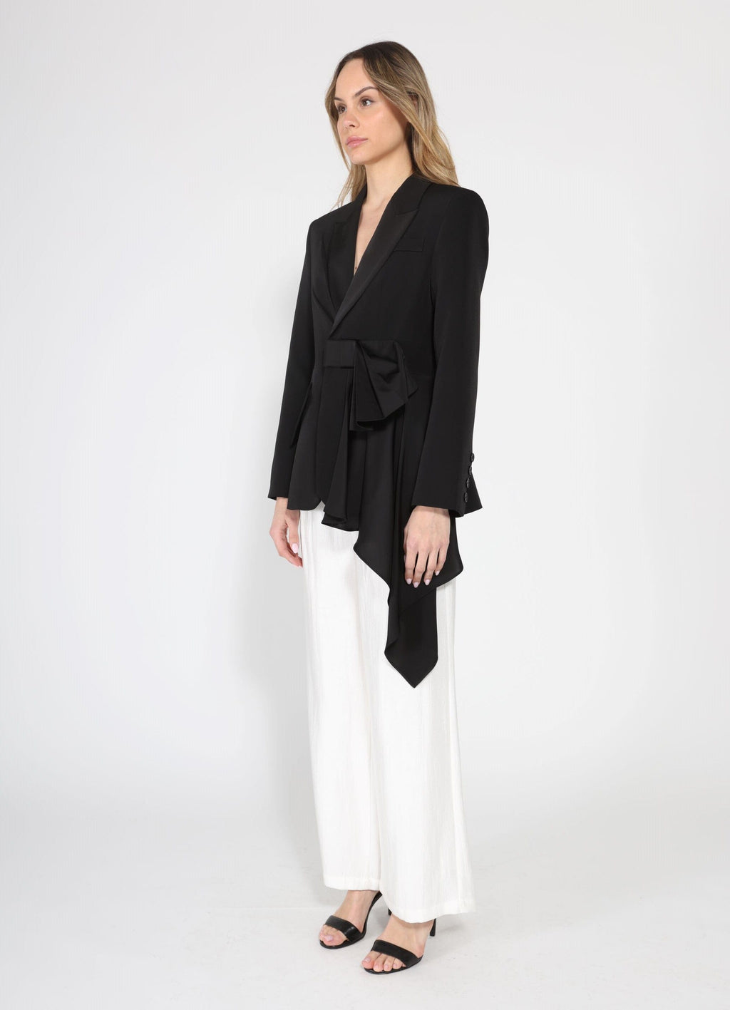 Side ruffle bow front open coat