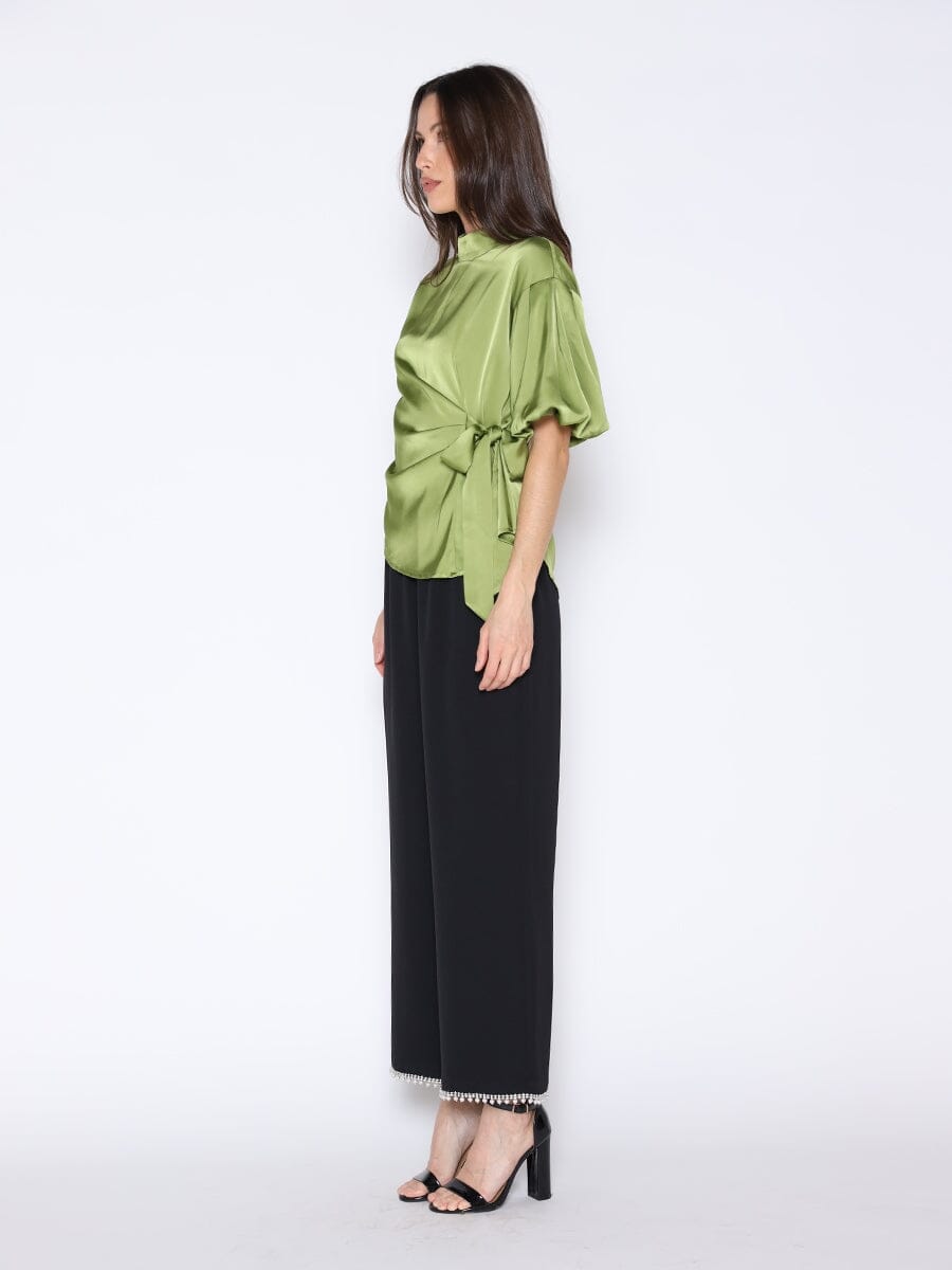 Side Twist Knot Mock Neck Puff Sleeve Satin Top