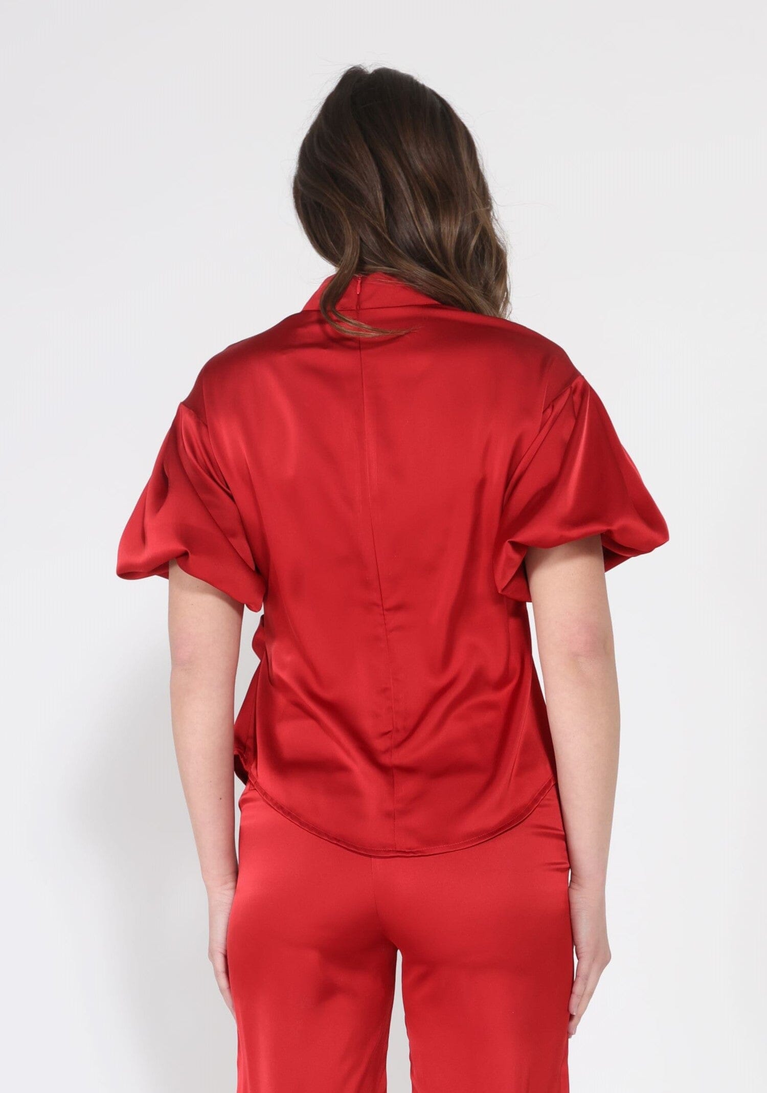 Side Twist Knot Mock Neck Puff Sleeve Satin Top