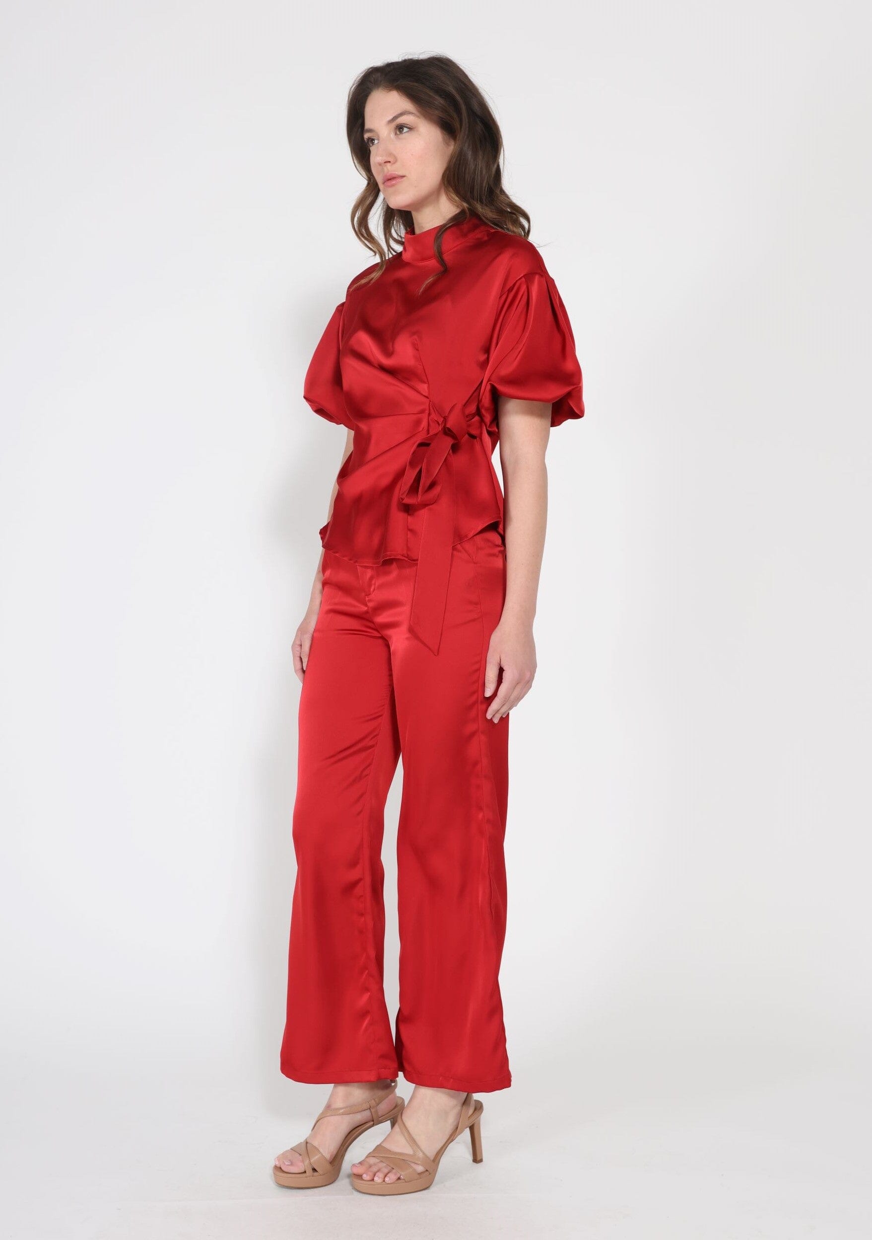Side Twist Knot Mock Neck Puff Sleeve Satin Top