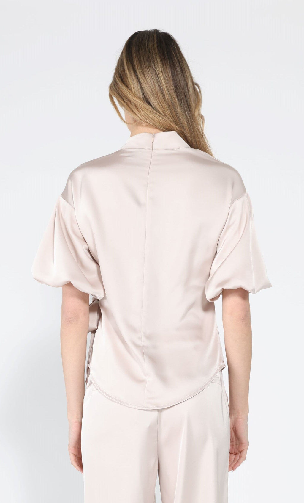 Side Twist Knot Mock Neck Puff Sleeve Satin Top