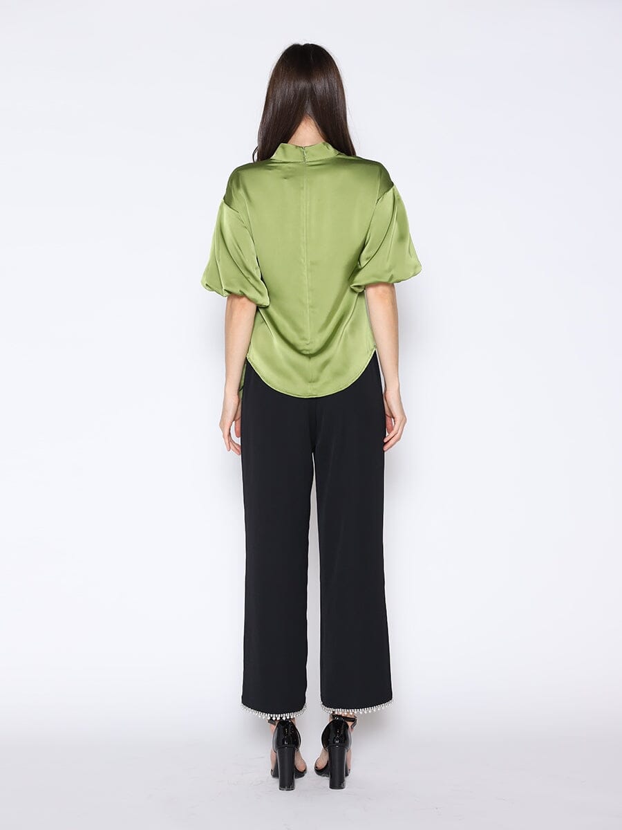 Side Twist Knot Mock Neck Puff Sleeve Satin Top