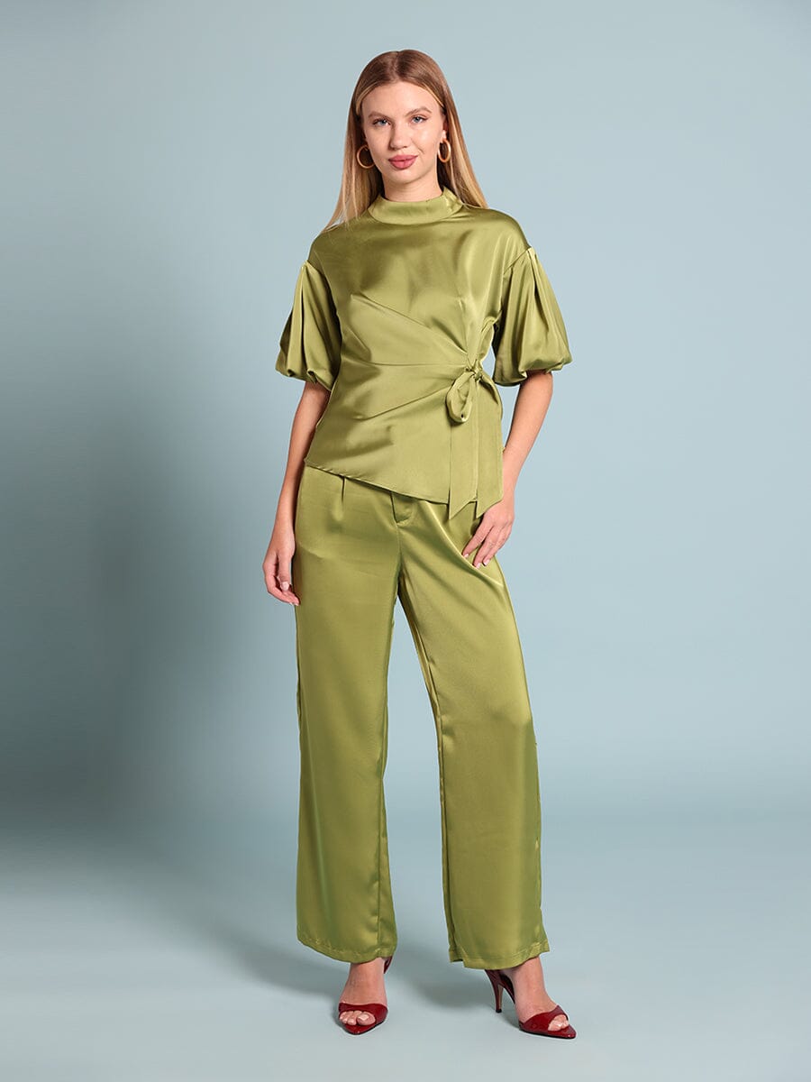 Side Twist Knot Mock Neck Puff Sleeve Satin Top