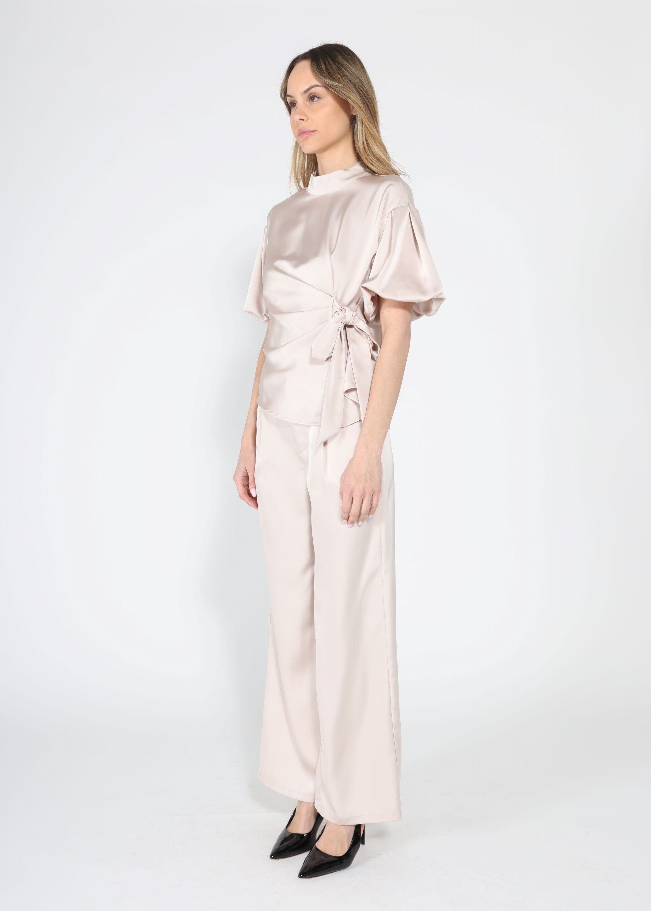 Side Twist Knot Mock Neck Puff Sleeve Satin Top