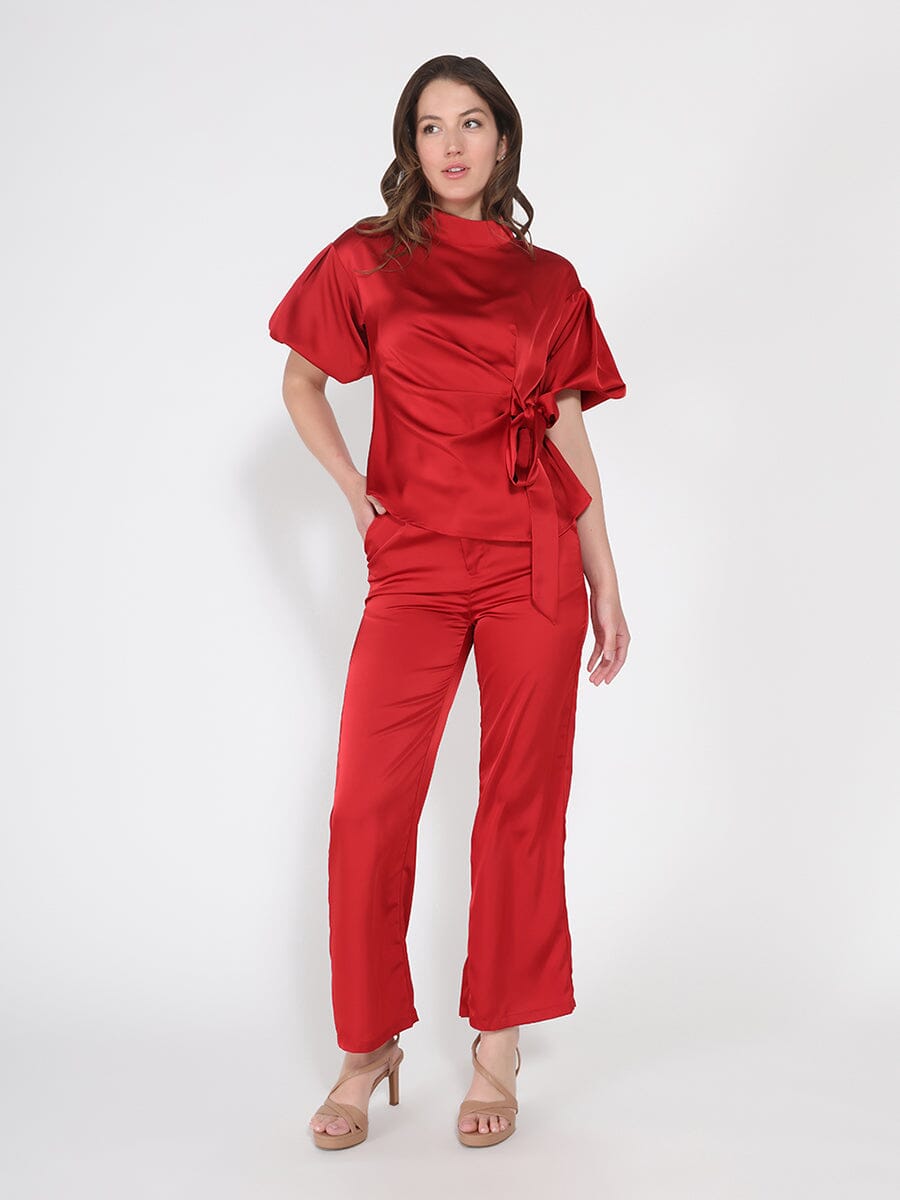 Side Twist Knot Mock Neck Puff Sleeve Satin Top