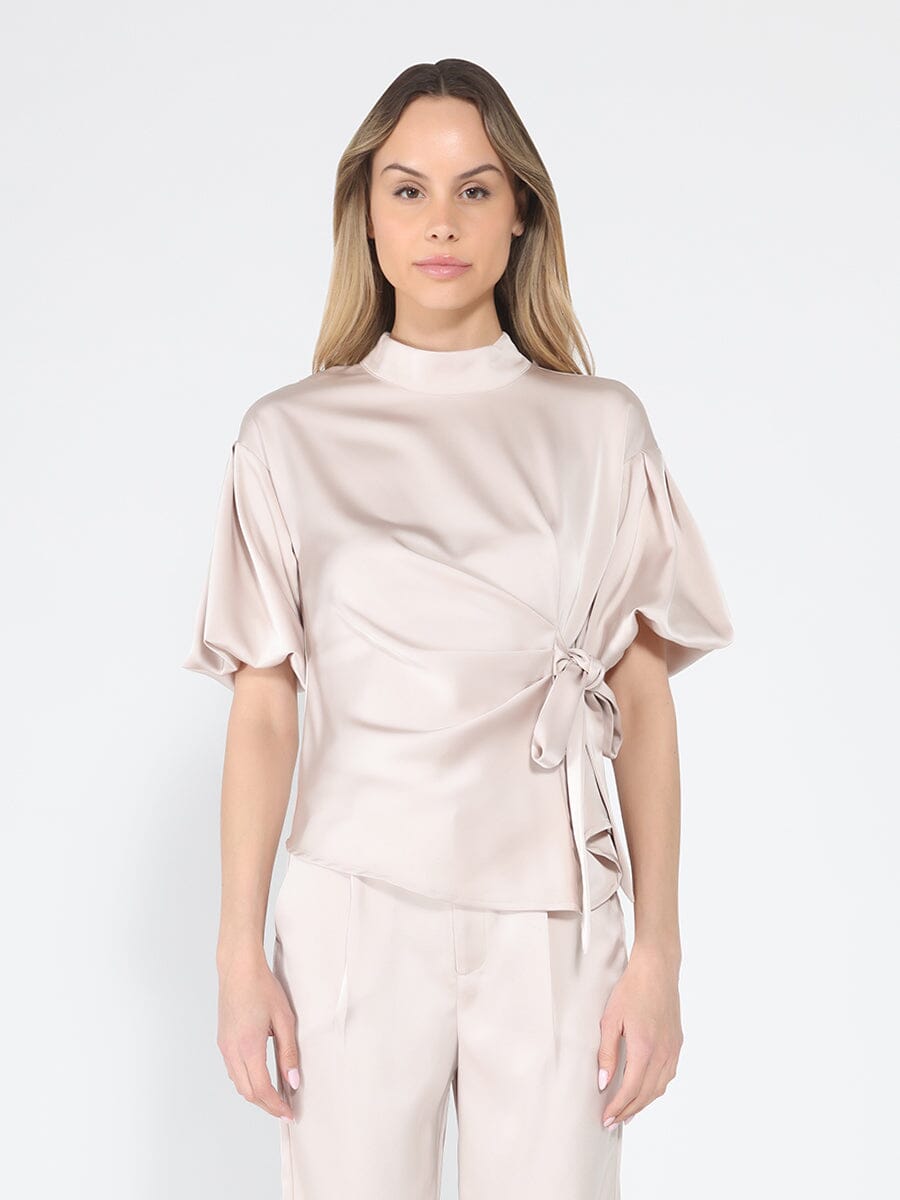 Side Twist Knot Mock Neck Puff Sleeve Satin Top