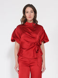 Side Twist Knot Mock Neck Puff Sleeve Satin Top