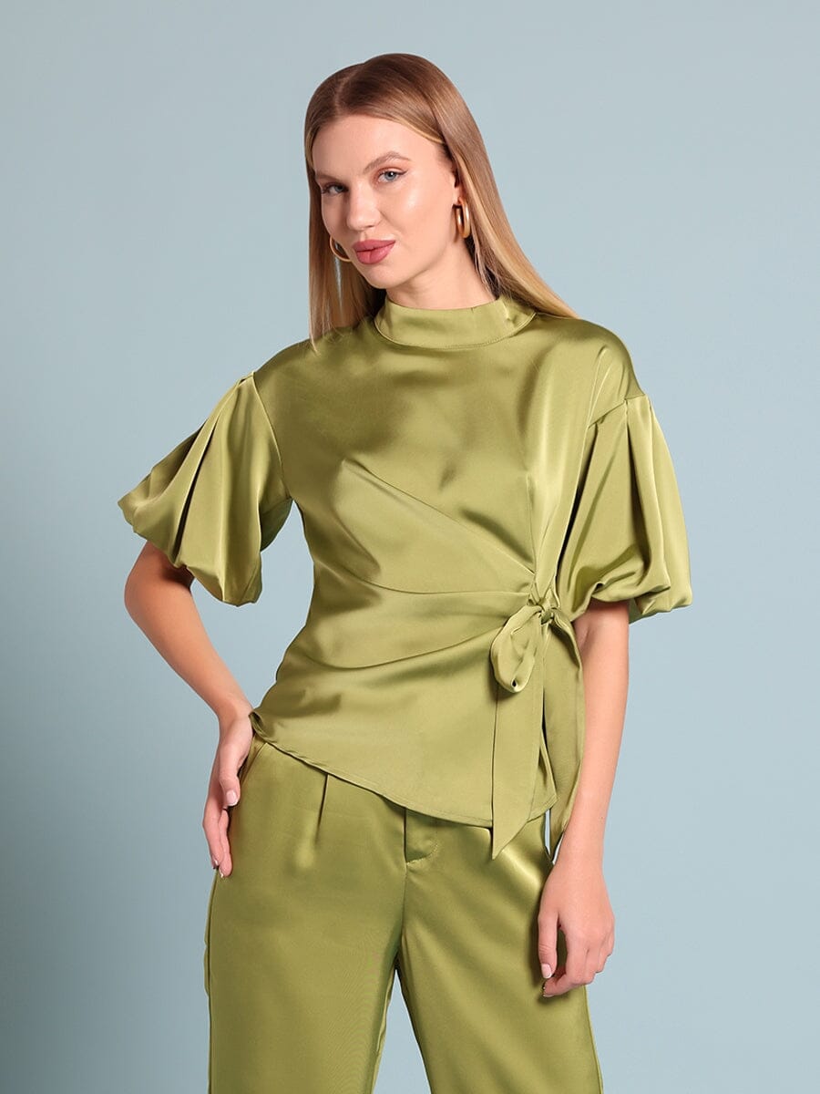 Side Twist Knot Mock Neck Puff Sleeve Satin Top
