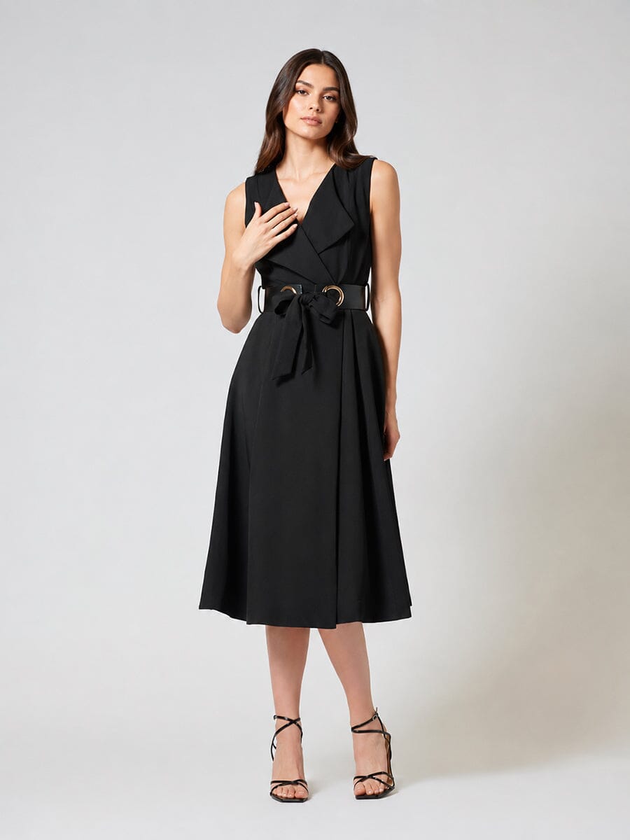 Sleeveless Notched-Lapel Collar Belted Long Jacket