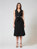 Sleeveless Notched-Lapel Collar Belted Long Jacket