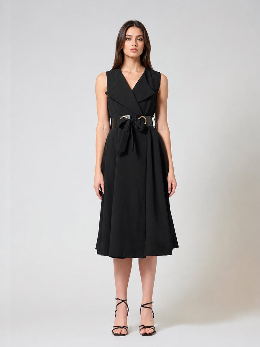 Sleeveless Notched-Lapel Collar Belted Long Jacket