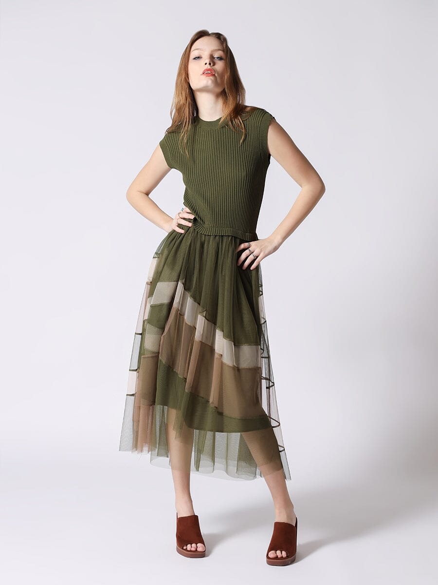 Sleevless A-Line Long Dress w/ Pleated Tulle Skirt