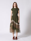 Sleevless A-Line Long Dress w/ Pleated Tulle Skirt