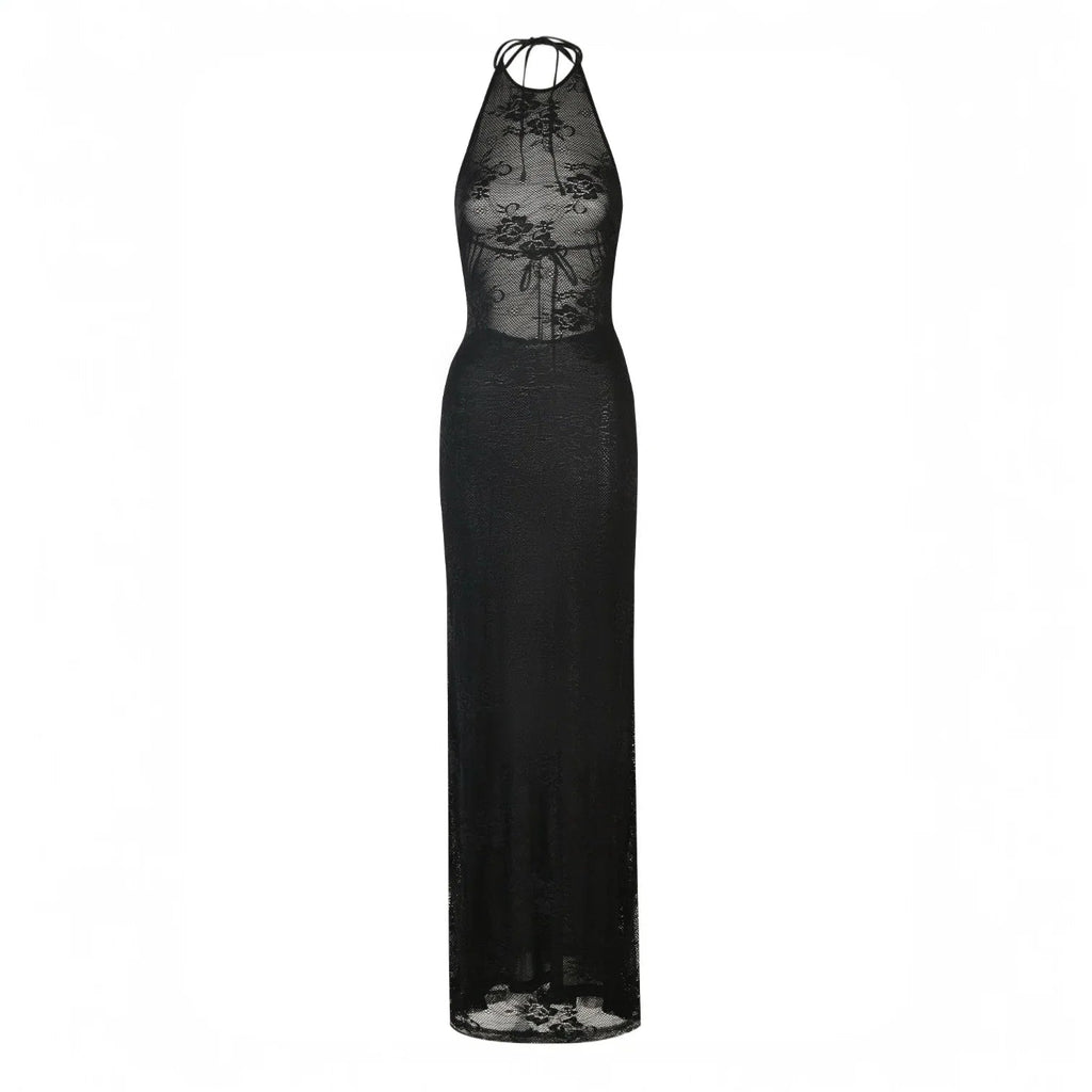 Soraya Sheer Lace Halter Maxi Dress