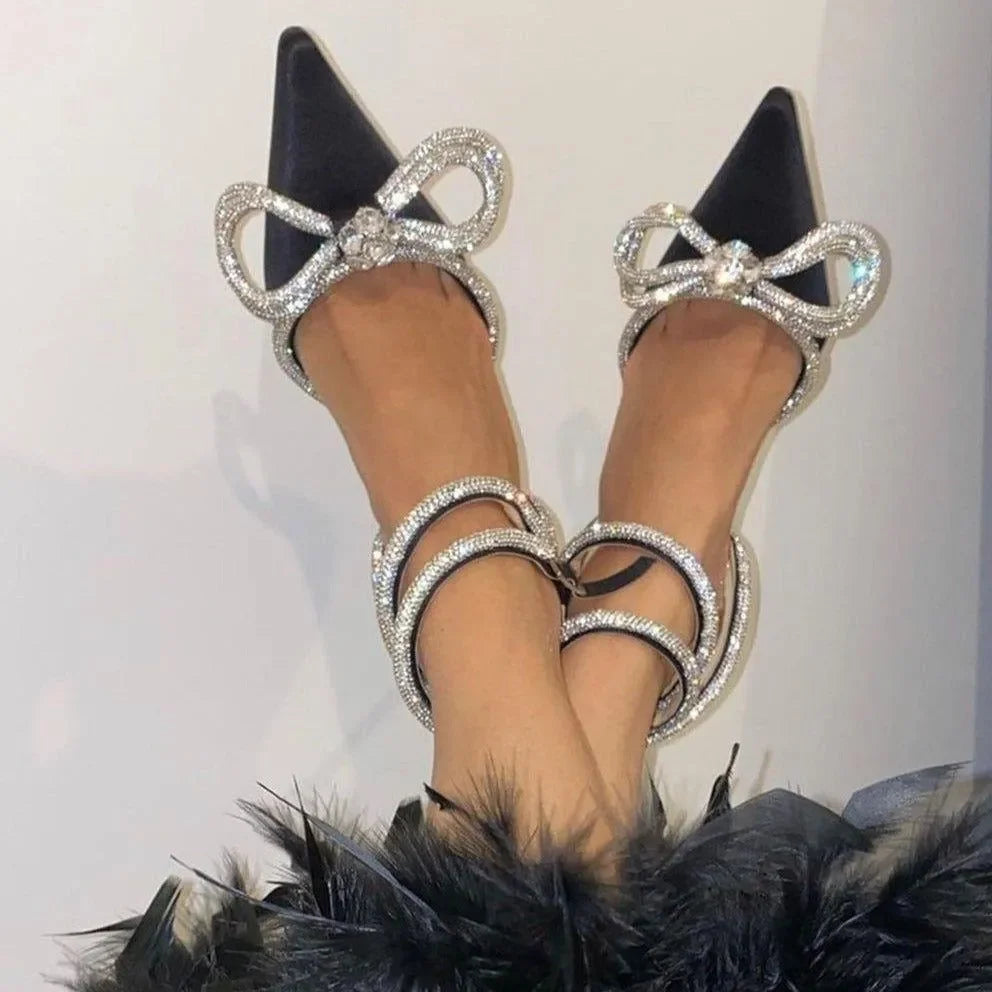 Sugarcoat Black Satin Pumps with Double Bow & Crystals