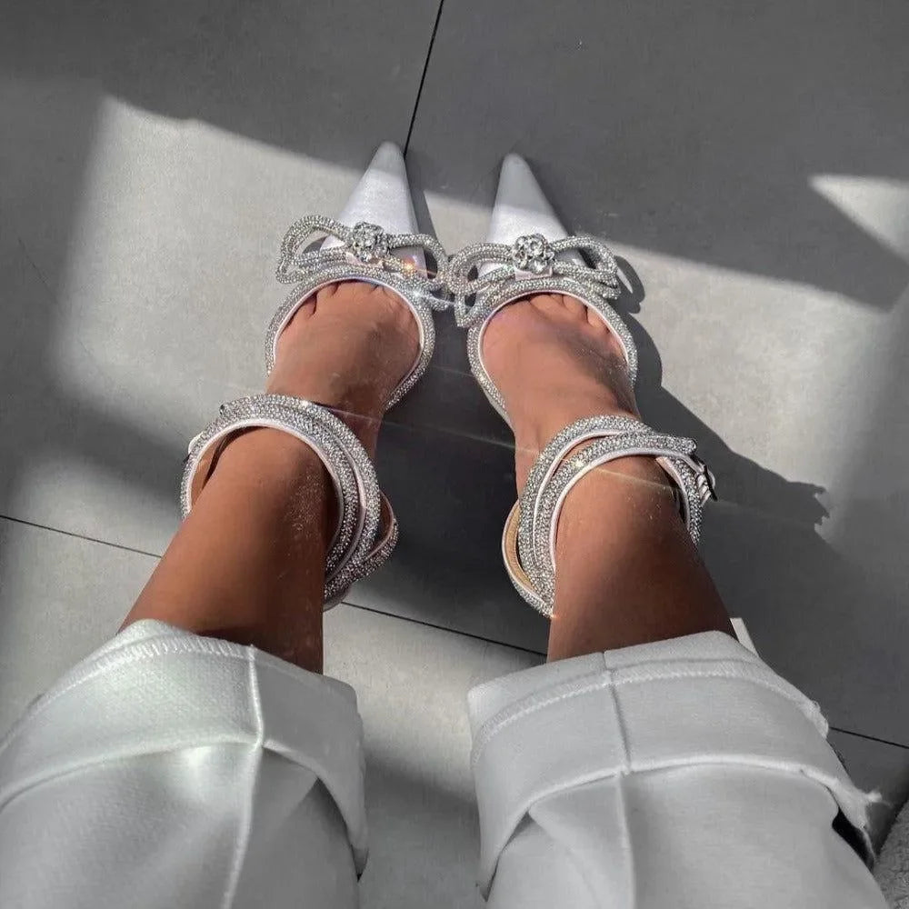 Sugarcoat White Satin Pumps with Double Bow & Crystals