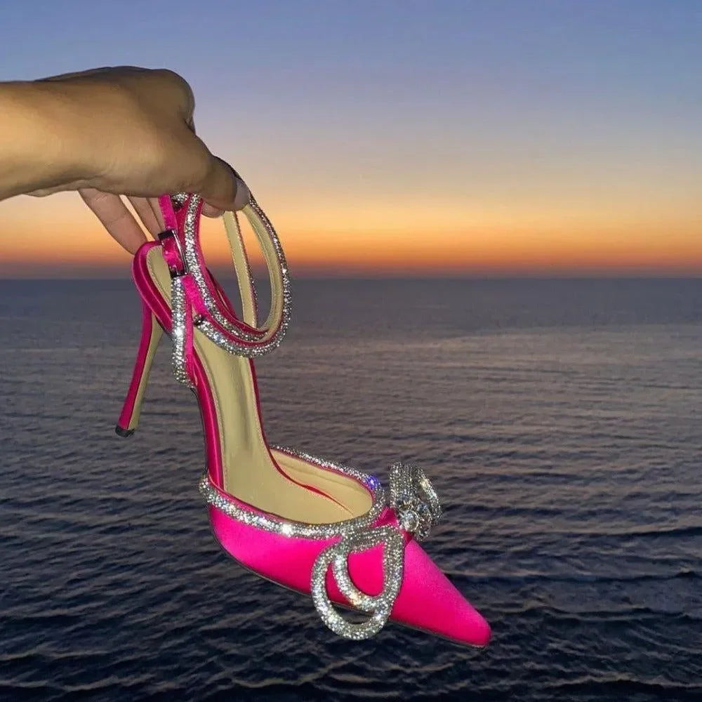Sugarcoat Hot Pink Crystal Bow Satin Pumps