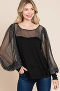Accessories Trendsi Metallic Mesh Blouse Women's Party Top Lantern Sleeve Shirt Elegant