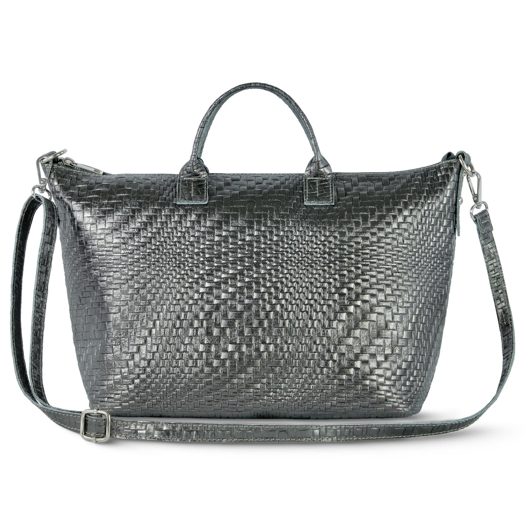 Italian Genuine Grid Metallic Suede Top-Handle Bag 112334