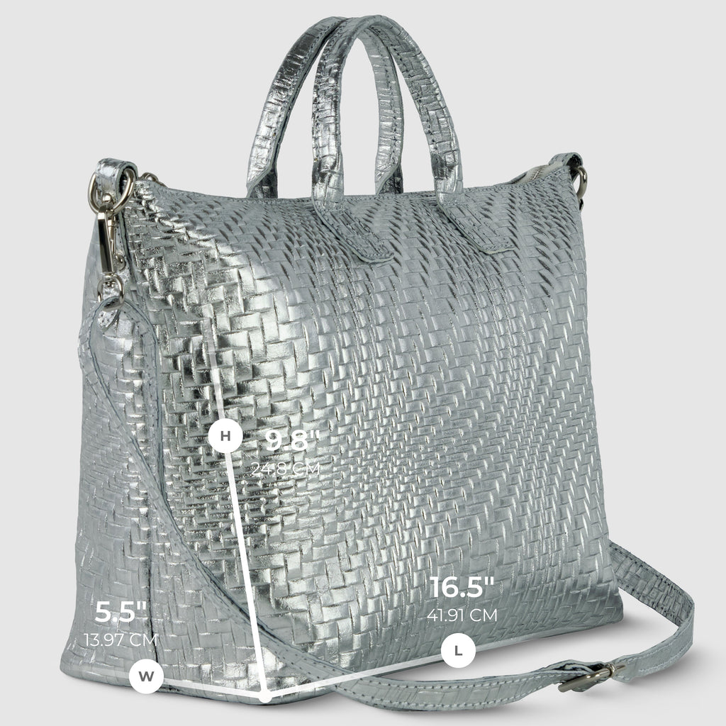 Italian Genuine Grid Metallic Suede Top-Handle Bag 112334