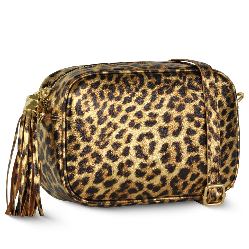 Italian Genuine Leopard-Print Metallic Suede Crossbody Bag 231302