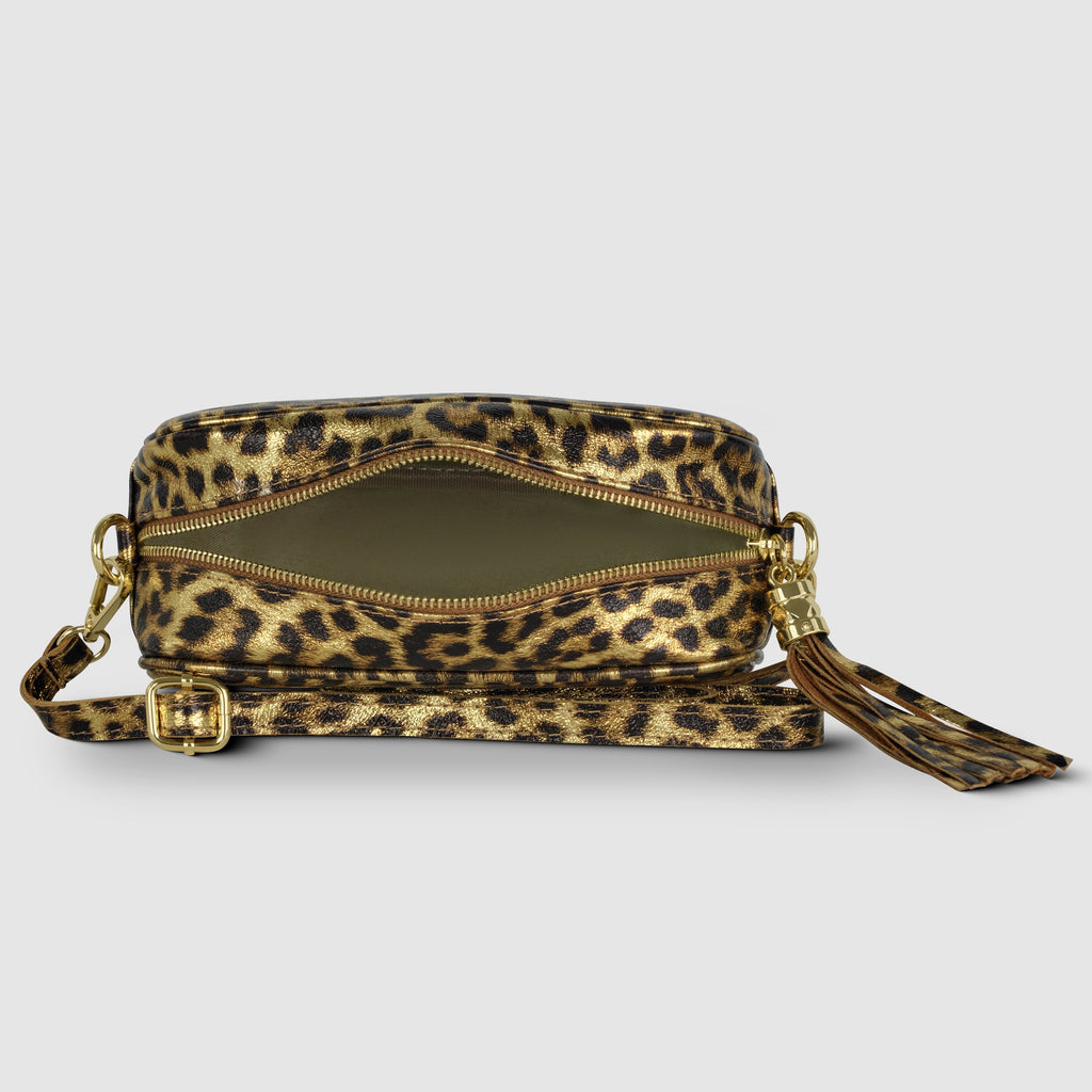 Italian Genuine Leopard-Print Metallic Suede Crossbody Bag 231302