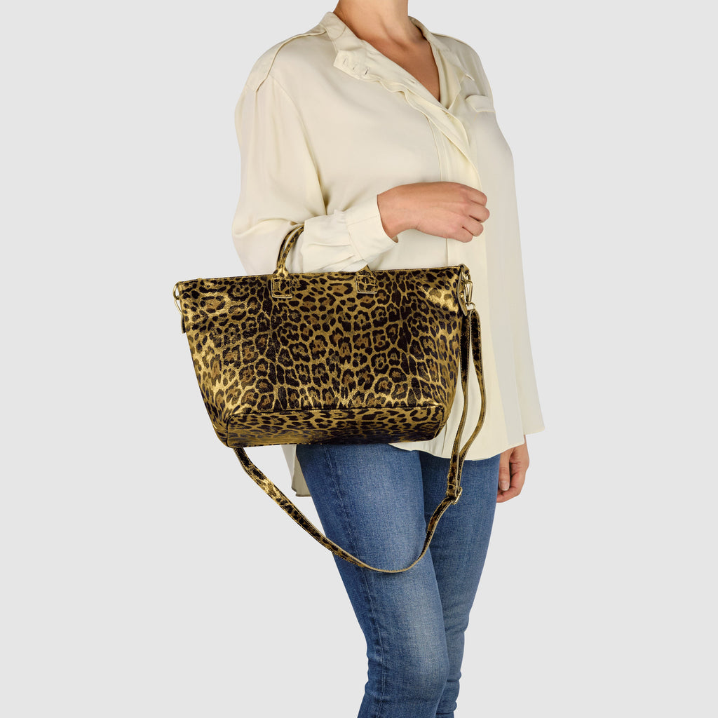 Italian Genuine Leopard-Print Metallic Suede Top-Handle Bag 112334