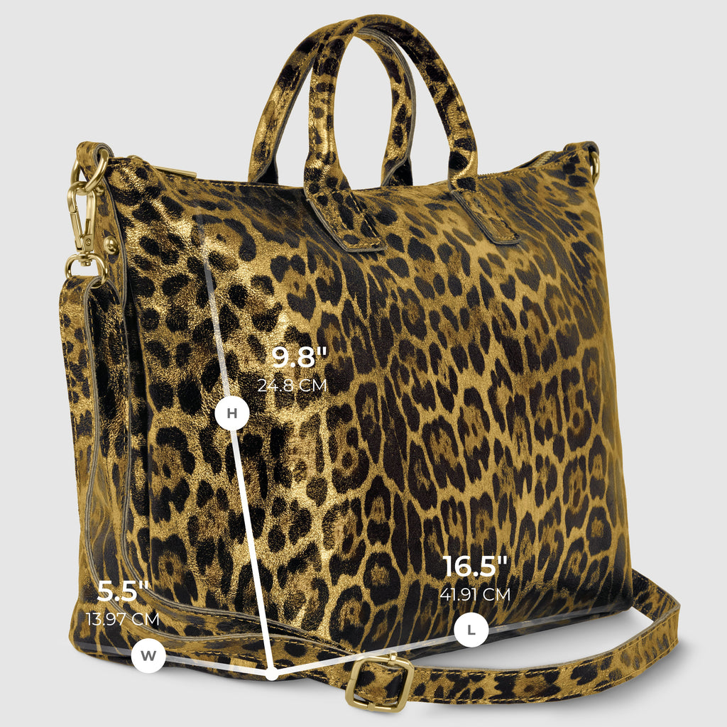 Italian Genuine Leopard-Print Metallic Suede Top-Handle Bag 112334