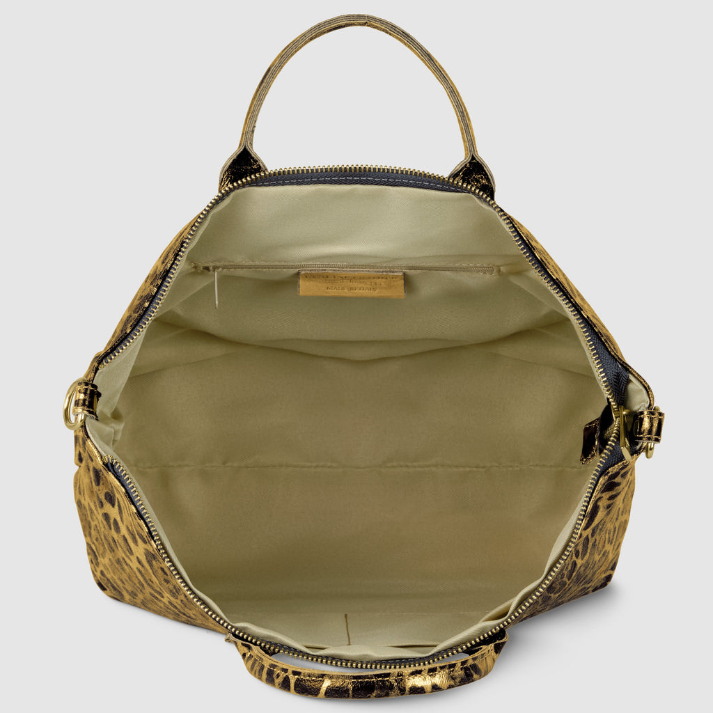 Italian Genuine Leopard-Print Metallic Suede Top-Handle Bag 112334