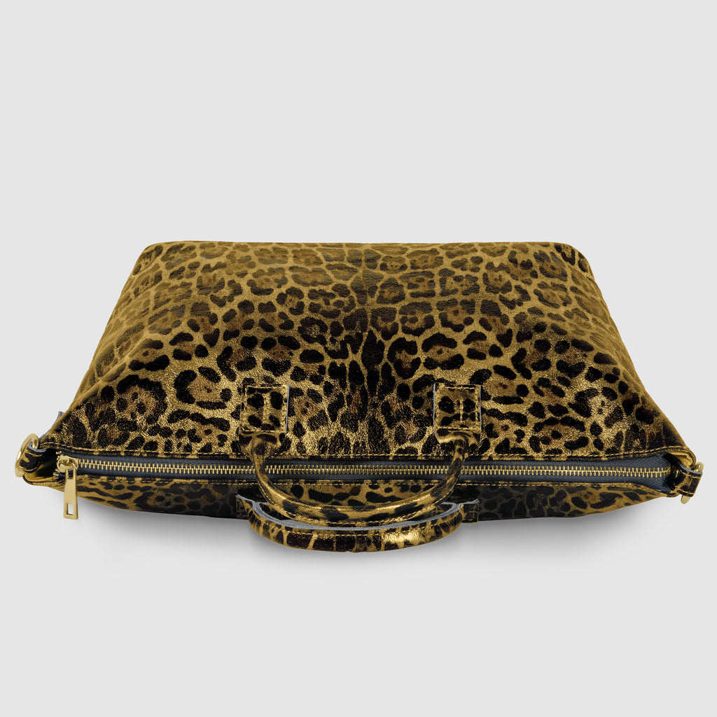 Italian Genuine Leopard-Print Metallic Suede Top-Handle Bag 112334