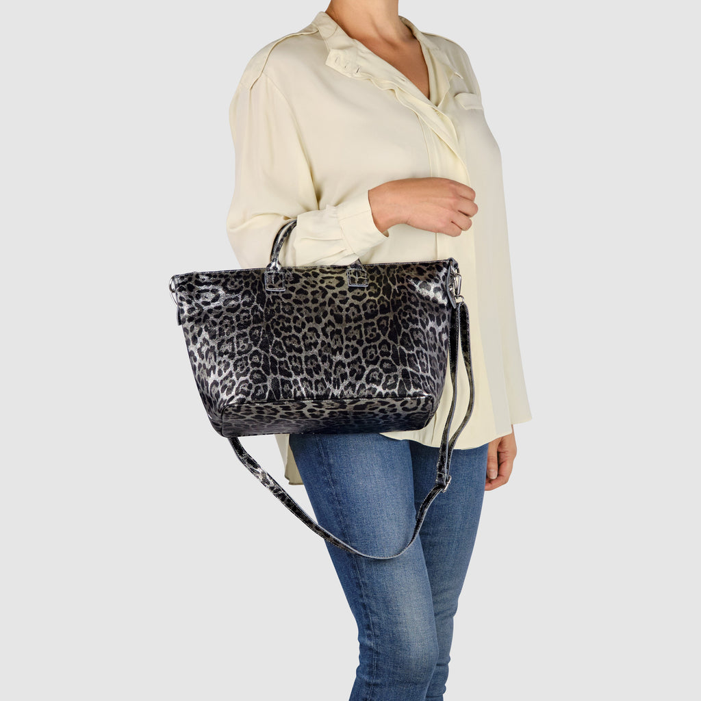 Italian Genuine Leopard-Print Metallic Suede Top-Handle Bag 112334