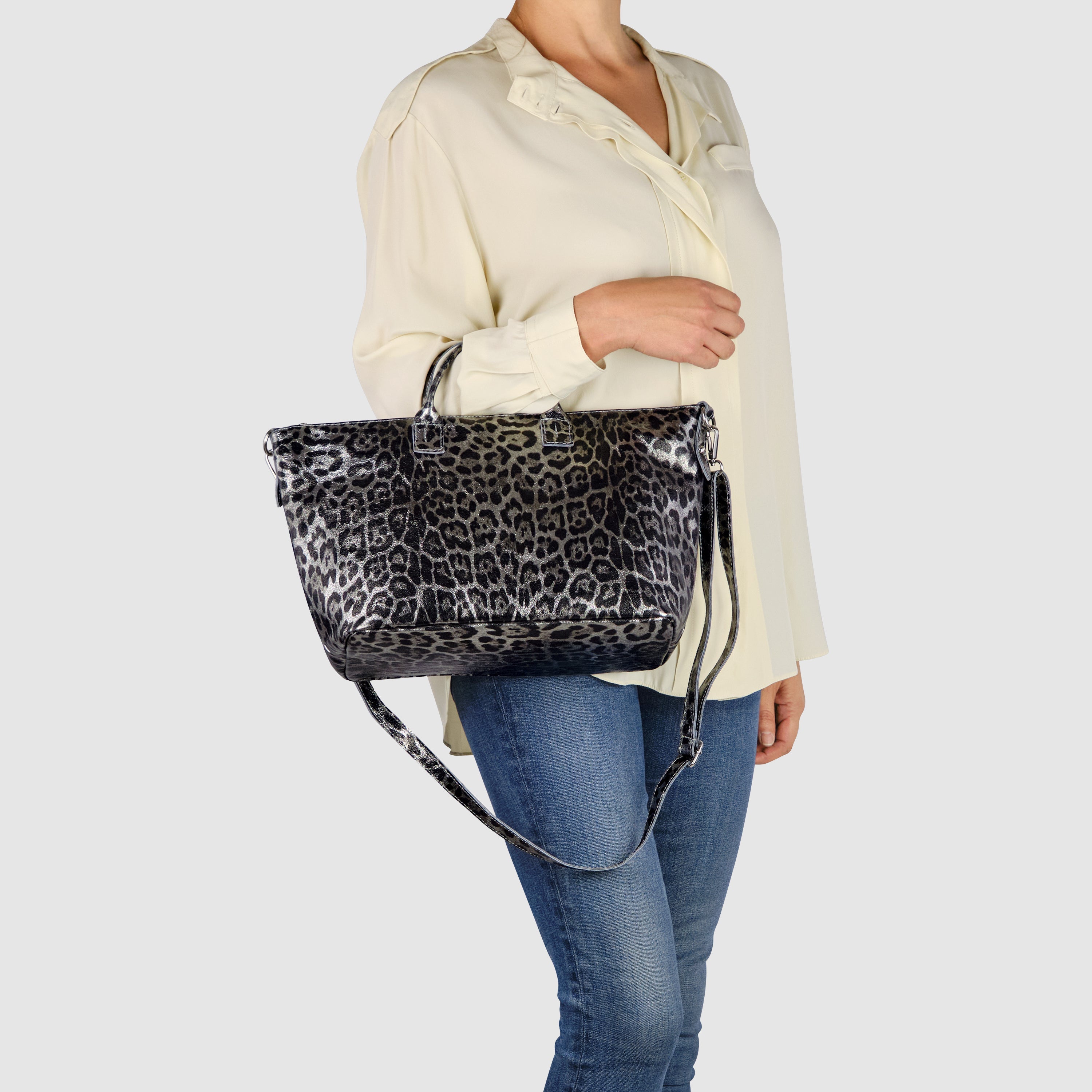 Italian Genuine Leopard-Print Metallic Suede Top-Handle Bag 112334