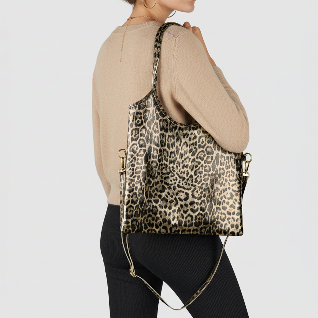 Italian Genuine Leopard-Print Metallic Suede Tote Bag 191722