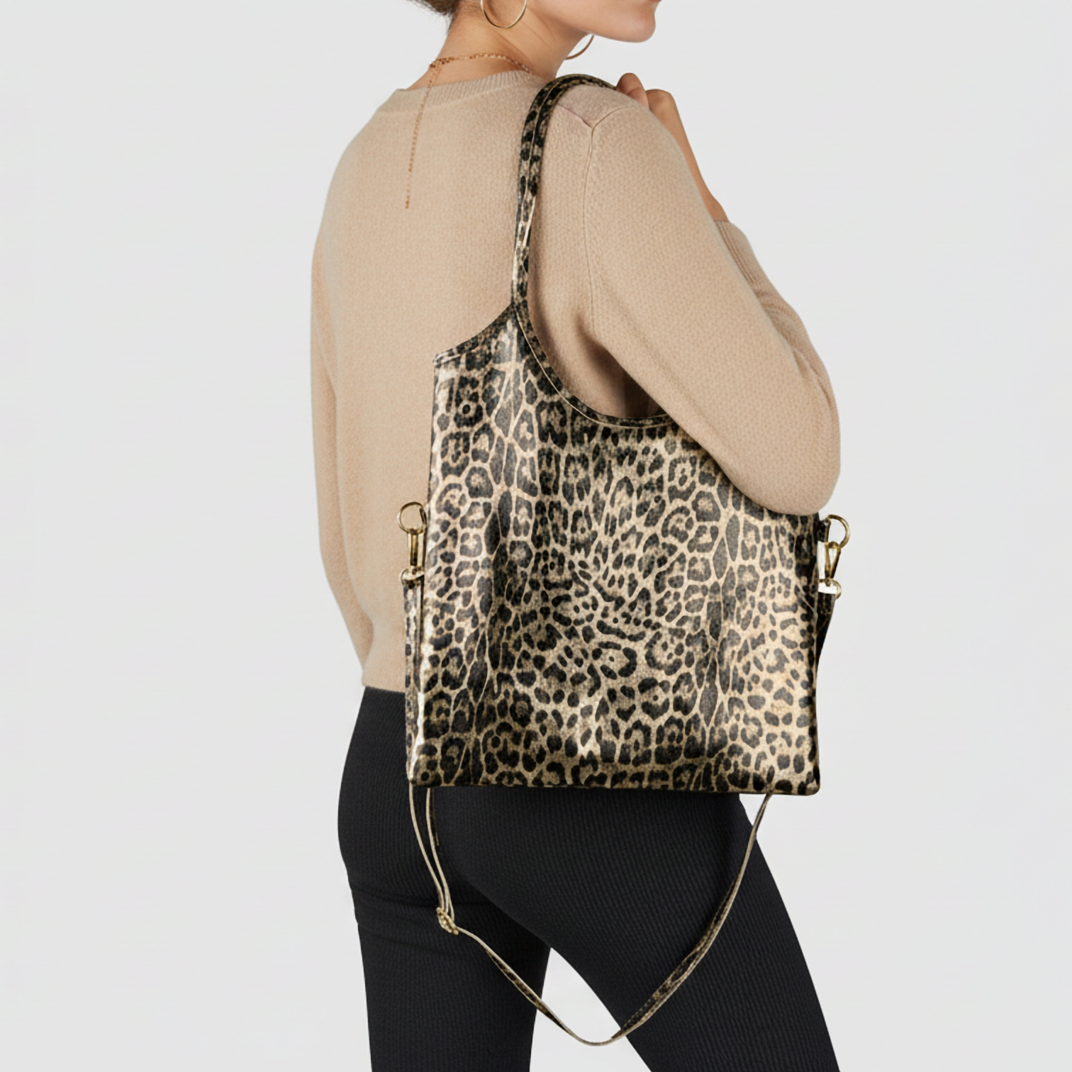 Italian Genuine Leopard-Print Metallic Suede Tote Bag 191722