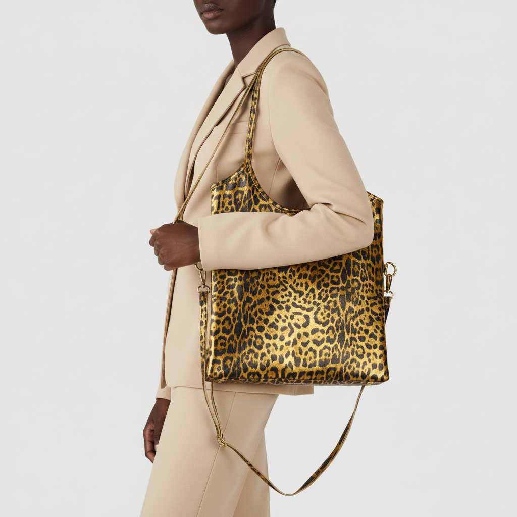 Italian Genuine Leopard-Print Metallic Suede Tote Bag 191722