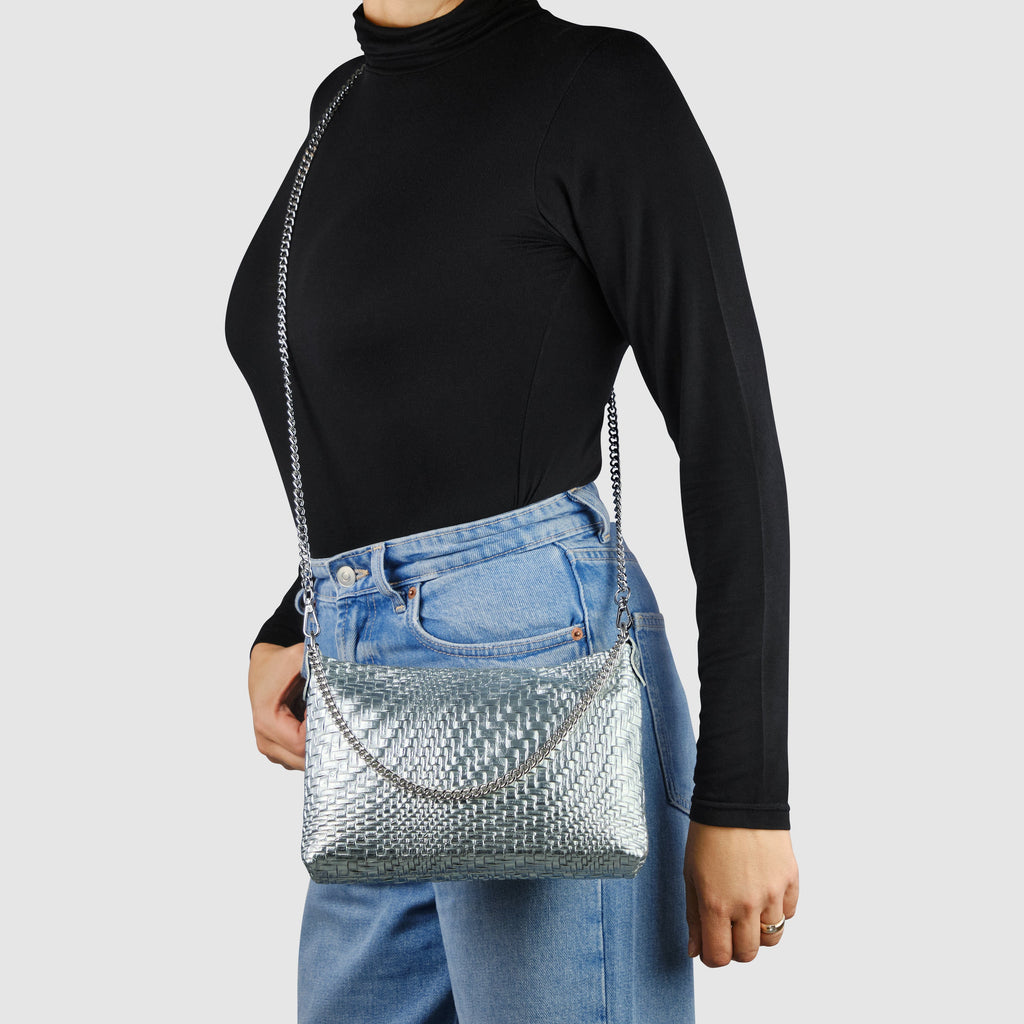 Italian Genuine Grid Metallic Suede Crossbody Bag 101315