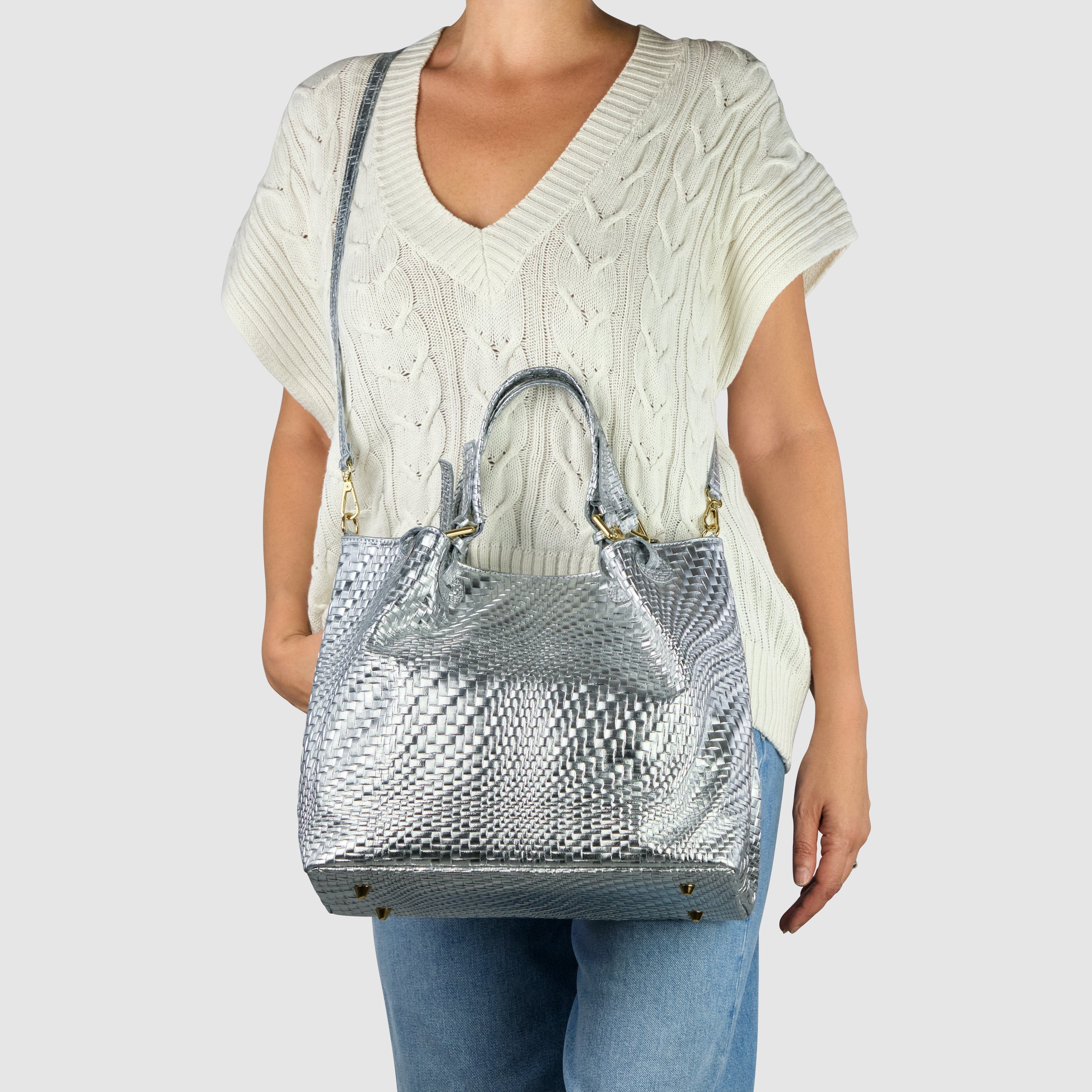 Italian Genuine Grid Metallic Suede Top-Handle Bag 112615