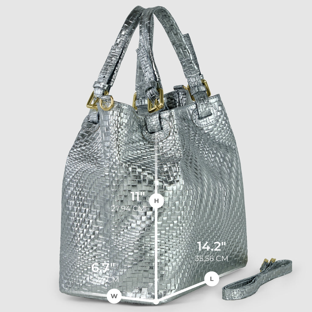Italian Genuine Grid Metallic Suede Top-Handle Bag 112615
