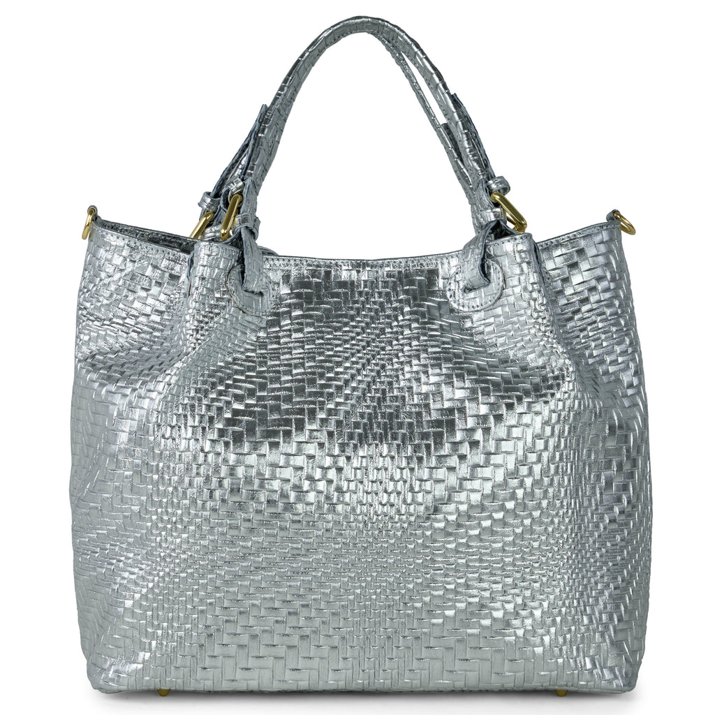 Italian Genuine Grid Metallic Suede Top-Handle Bag 112615