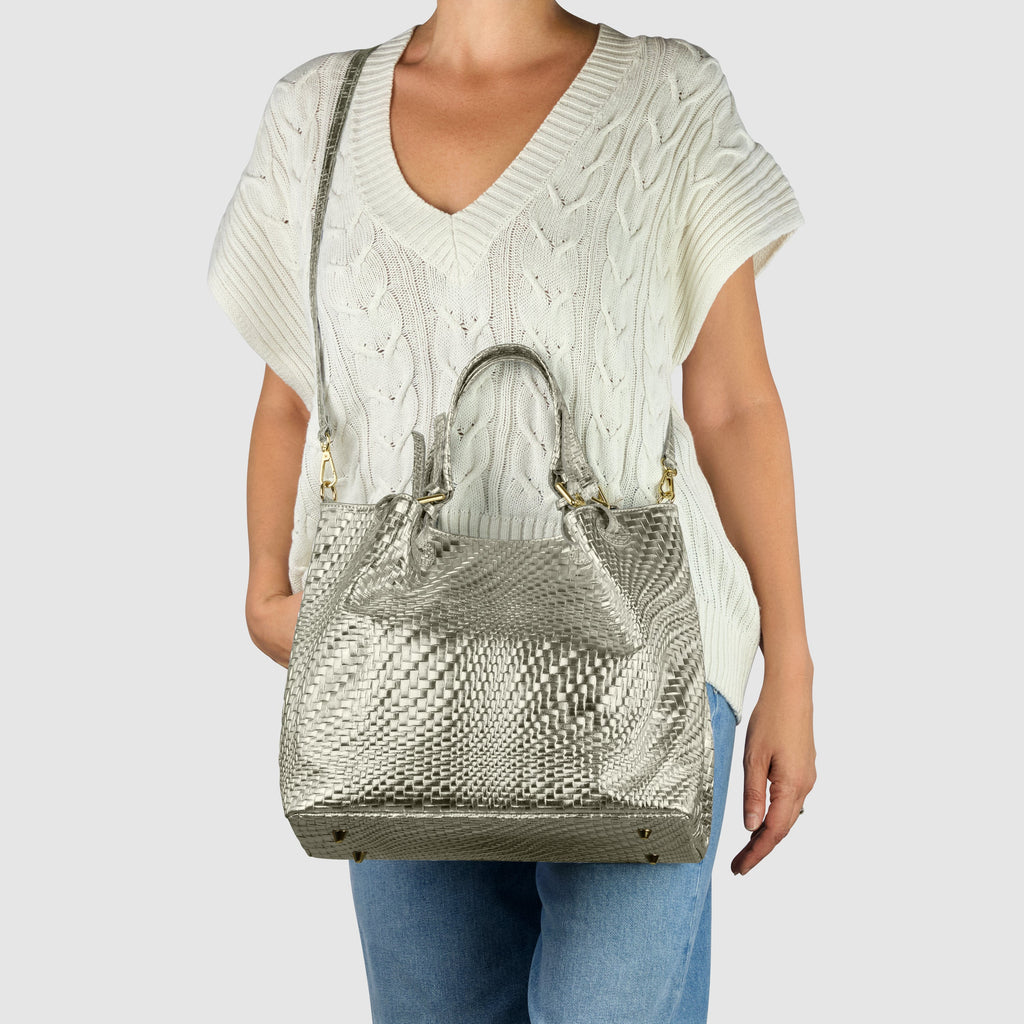 Italian Genuine Grid Metallic Suede Top-Handle Bag 112615