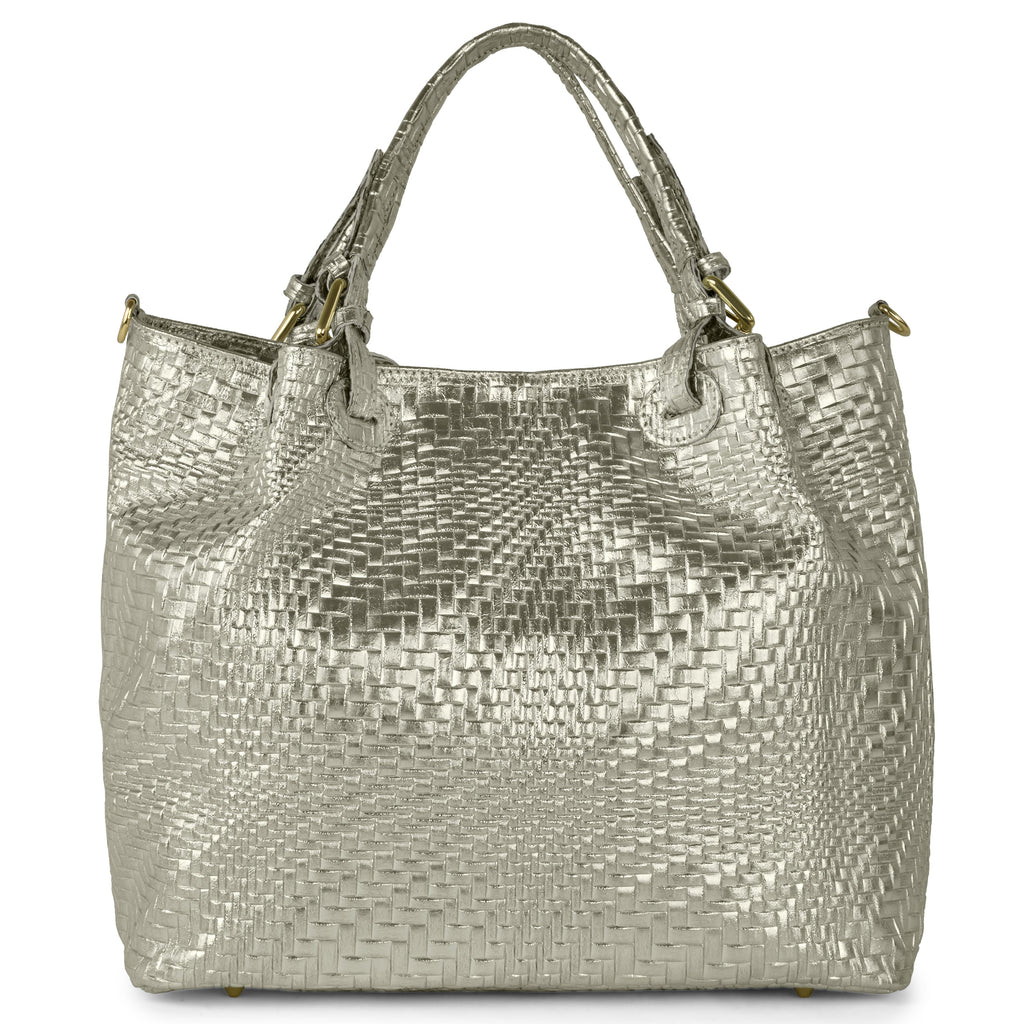 Italian Genuine Grid Metallic Suede Top-Handle Bag 112615