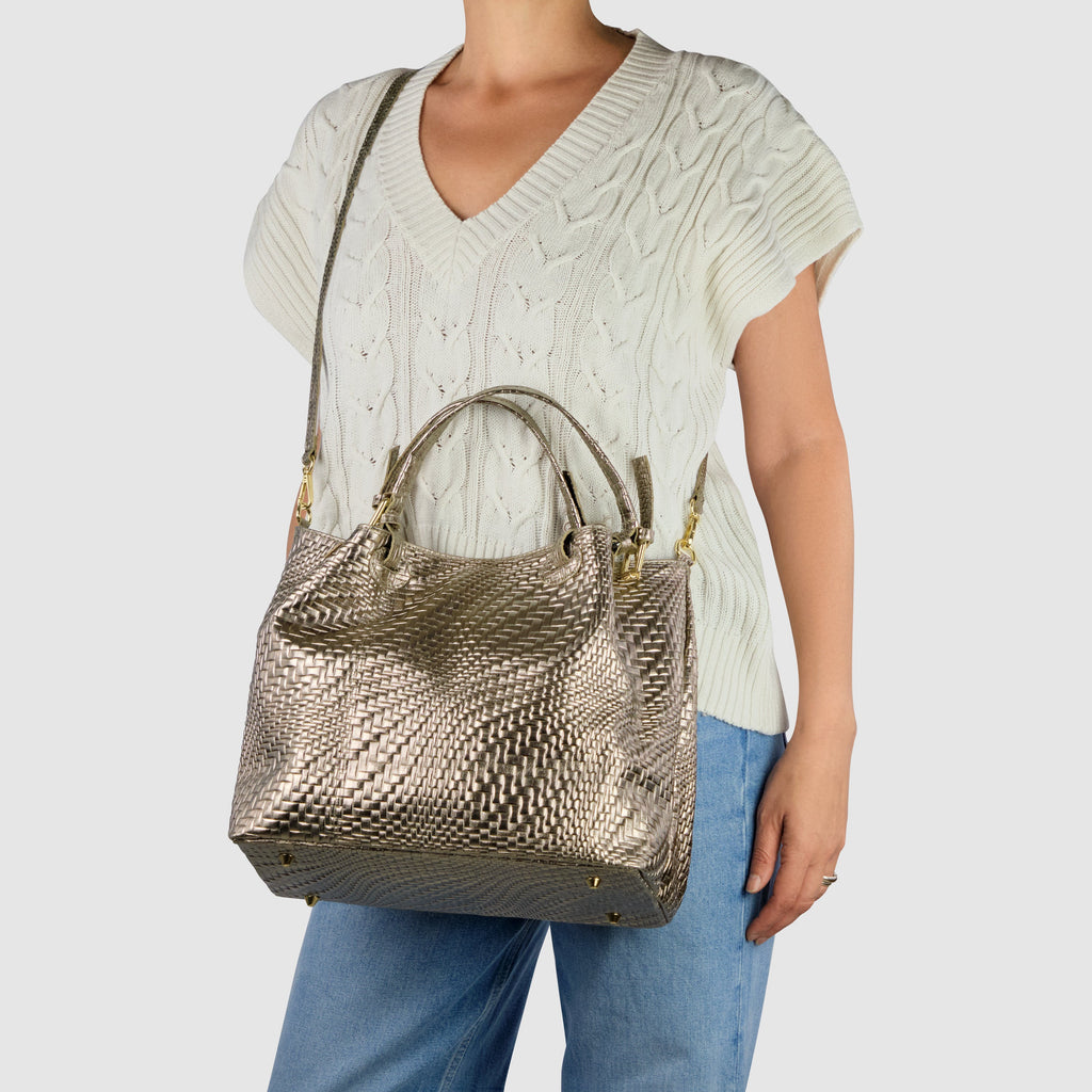 Italian Genuine Grid Metallic Suede Top-Handle Bag 112615
